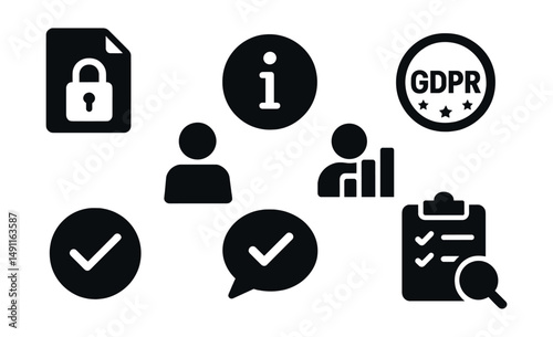 Solid style icons of legal and compliance information: privacy policy icon, terms and conditions “i”, data usage info, GDPR badge, consent information mark, legal notice tag, compliance info bubble,