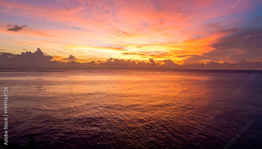 Ocean view at sunset. Sky glows with orange, pink, and purple hues over the calm sea Ocean view at sunset. Sky glows with orange, pink, and purple hues over the calm sea