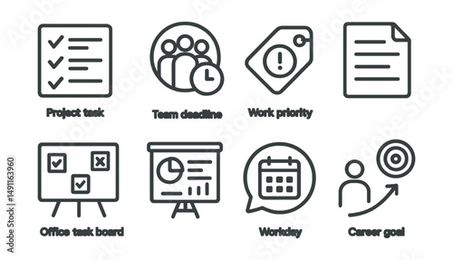 Line style icons of work-related tasks: project task icon, team deadline badge, work priority tag, professional checklist file, office task board, meeting preparation chart, workday bubble, career
