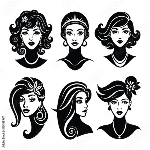 Elegant Woman Face Silhouette Set Isolated Vector Illustration