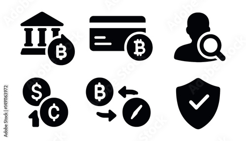 Solid style icons of fiat-to-crypto exchange: bank transfer icon, credit card crypto buy, KYC form, identity check icon, fiat deposit badge, crypto withdraw, rate conversion, verification badge.
