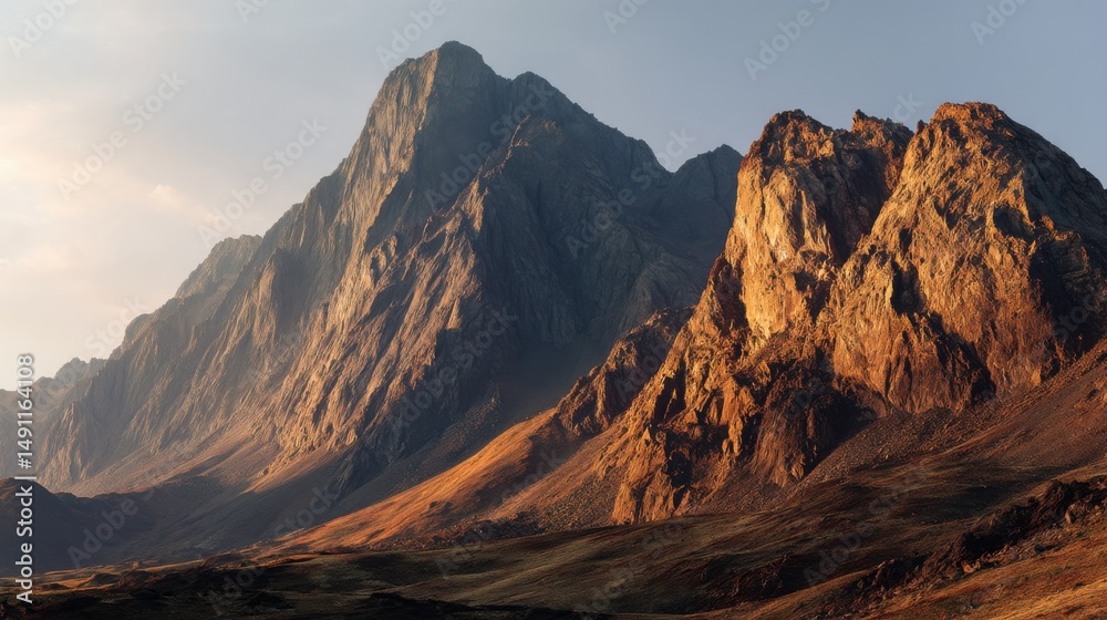 Fototapeta premium Majestic Mountain Range at Sunrise, Symbolizing Exploration and Outdoor Adventure for Travel and Tourism Marketing Campaigns : Generative AI
