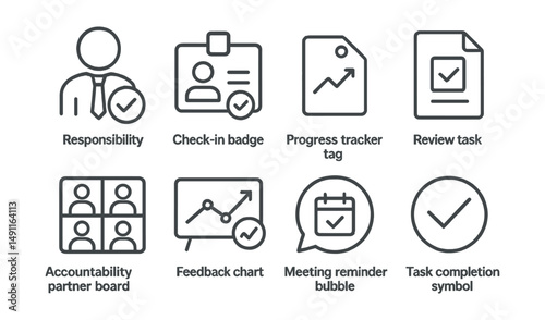 Line style icons of goal accountability: responsibility icon, check-in badge, progress tracker tag, review task file, accountability partner board, feedback chart, meeting reminder bubble, task