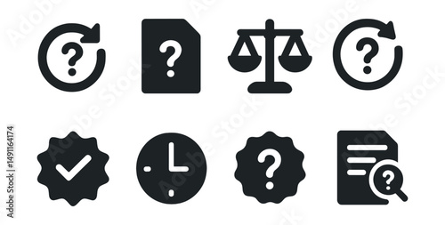 Solid style icons of uncertainty in status: pending icon with question, unknown file type, undetermined decision, in-progress with question mark, unverified source icon, provisional status, no result
