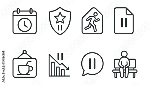 Line style icons of break time reminders: scheduled pause icon, rest reminder badge, active break tag, time-out file, refreshment board, focus pause chart, relaxation alert bubble, take a break