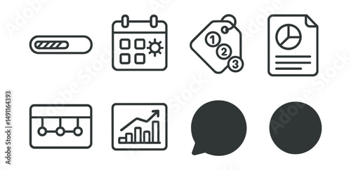 Line style icons of progress reports: progress bar icon, daily update badge, step-by-step tag, project overview file, status timeline board, weekly report chart, ongoing progress bubble, current
