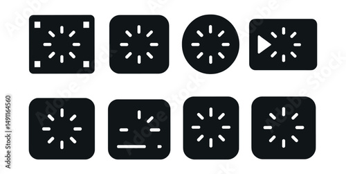Solid style icons of media player brightness: video brightness icon, movie light control, stream brightness badge, player with sun icon, brightness overlay, media adjust button, viewing mode icon,