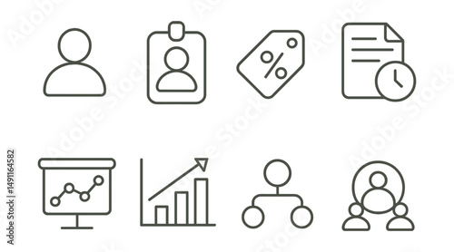 Line style icons of user metrics in dashboards: user stats icon, active users badge, engagement rate tag, session duration file, login stats board, unique visits chart, user flow bubble, audience