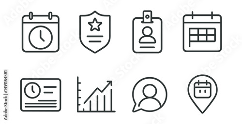 Line style icons of event and activity trackers: event countdown icon, activity log badge, event registration tag, calendar schedule file, time tracking board, event progress chart, participation