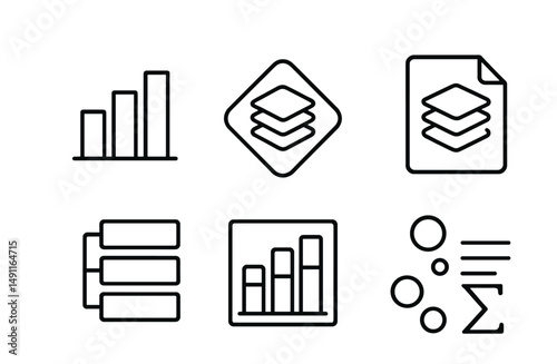 Line style icons of stacked diagrams: stacked bars icon, multiple layers badge, cumulative data tag, layered diagram file, multi-level board, category breakdown chart, progressive chart bubble,