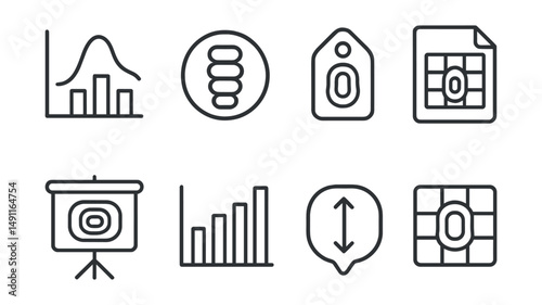 Line style icons of heatmap diagrams: intensity graph icon, color gradient badge, temperature data tag, data visualizations file, analysis board, data distribution chart, high-low indicator bubble,