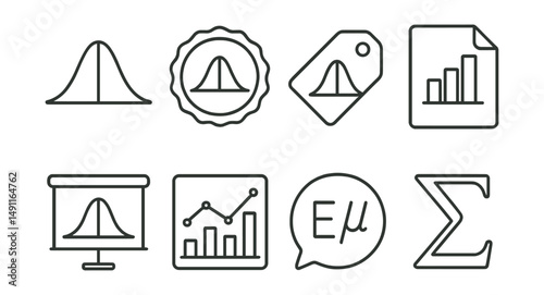 Line style icons of probability and statistics diagrams: bell curve icon, normal distribution badge, probability chart tag, data sampling file, distribution curve board, statistical analysis chart,