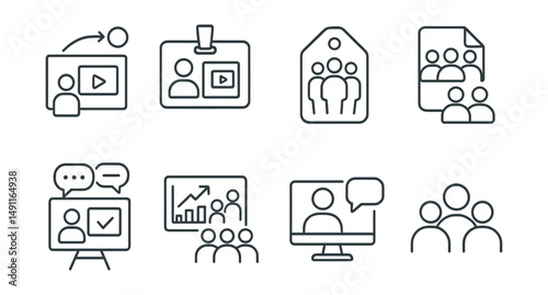 Line style icons of presentation collaboration: shared slide icon, co-presenter badge, team editing tag, collaborative slide file, feedback comments board, team update chart, shared screen bubble,
