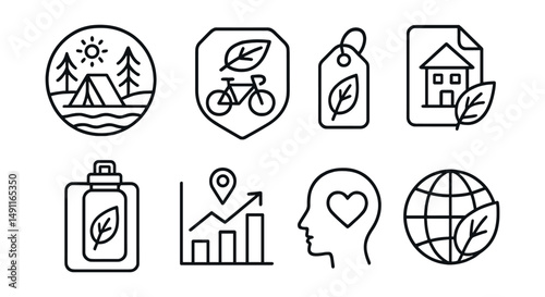 Line style icons of sustainable travel: eco-tourism icon, green transportation badge, carbon offset tag, sustainable stay file, reusable water bottle board, local impact chart, ethical travel bubble,