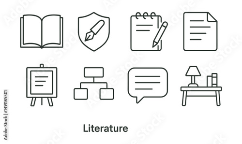 Line style icons of literature: book icon, pen badge, writing pad tag, novel file, poetry board, story plot chart, narrative bubble, writer’s desk symbol.