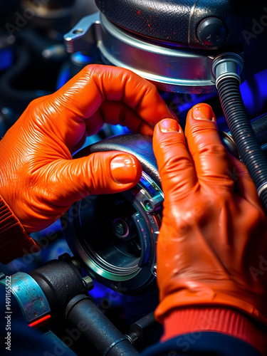 Greasy fingers tune a turbocharger under UV glow. Textures: anodized metal, frayed hoses. High-tech vs. grime.