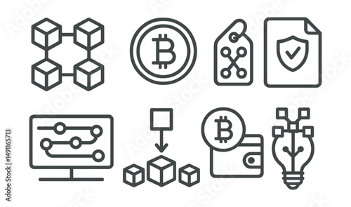 Line style icons of blockchain technology: blockchain icon, cryptocurrency badge, decentralized tag, secure transaction file, ledger board, block creation chart, digital wallet bubble, blockchain