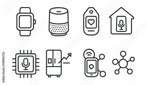 Line style icons of smart devices: smartwatch icon, smart speaker badge, wearable tech tag, home assistant file, voice recognition board, smart appliance chart, connected device bubble, IoT symbol.