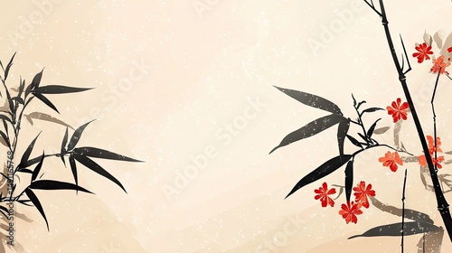 Elegant bamboo and blossoms on textured paper.