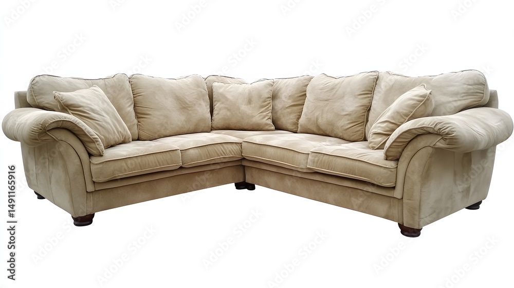 Fototapeta premium Beige corner sectional sofa against a white background.