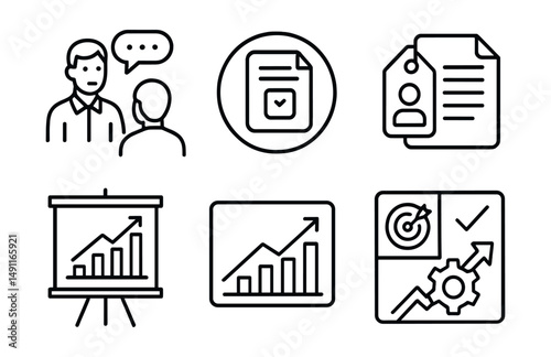 Line style icons of coaching sessions: coaching icon, session agenda badge, personalized plan tag, action steps file, growth strategy board, performance chart, coaching goals bubble, development