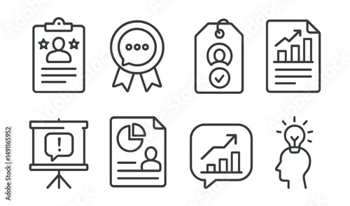 Line style icons of coaching feedback: review icon, feedback badge, evaluation form tag, progress report file, constructive criticism board, reflection chart, improvement bubble, coaching advice