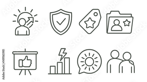 Line style icons of motivational mentoring: motivation icon, confidence badge, encouragement tag, success stories file, positive feedback board, energy boost chart, inspiring words bubble, mentor