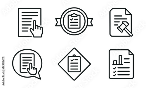 Line style icons of exam instructions: instructions icon, guidelines badge, exam rules tag, paper format file, marking scheme board, exam tips chart, reading instructions bubble, guidelines symbol.