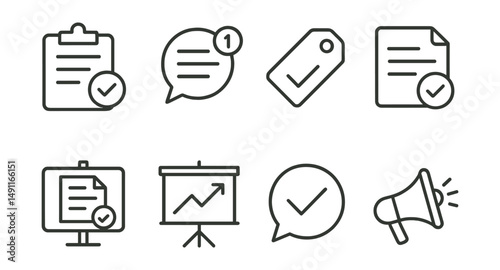 Line style icons of results announcement: results icon, notification badge, exam feedback tag, passing notification file, results post board, announcement chart, results confirmation bubble,