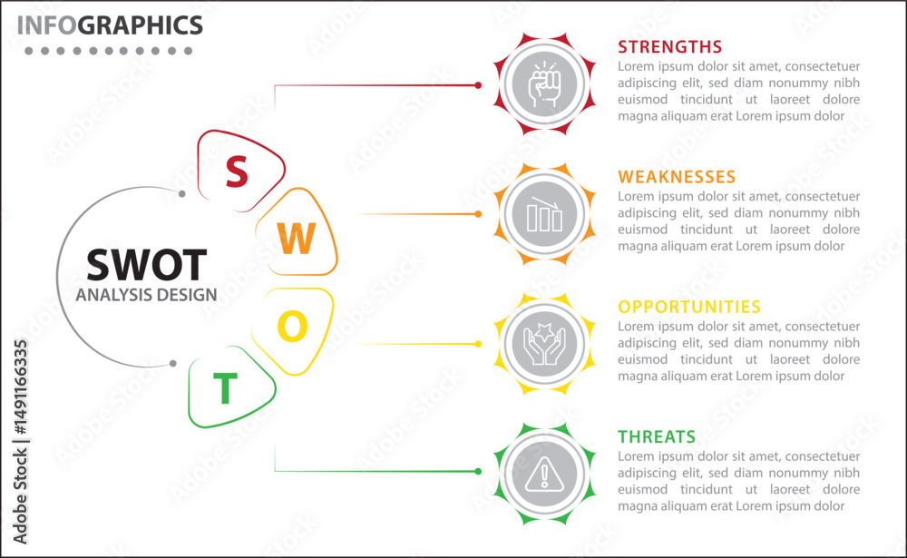Fototapeta premium SWOT analysis infographic. Vector illustration for strategic business planning. Comparison chart. Advantages and Disadvantages of company. Infographic design template. Vector illustration. SWOT icon