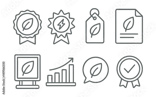 Line style icons of environmental certifications: eco-certification icon, green energy badge, sustainable practices tag, environmental badge file, environmental assessment board, sustainability chart