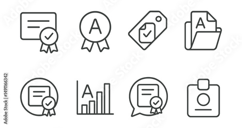 Line style icons of exam result certifications: certified results icon, grade certification badge, official report tag, exam results file, certified exam board, grading chart, test certification