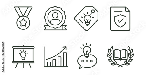 Line style icons of educational innovation awards: teaching award icon, innovative educator badge, curriculum development tag, pedagogical excellence file, educational reform board, teaching impact