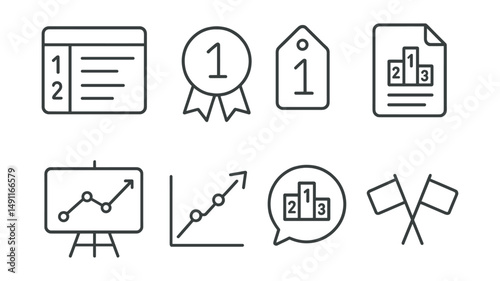 Line style icons of competitive rankings: leaderboard icon, winner’s rank badge, top spot tag, competition results file, rank chart board, position updates chart, competition ranking bubble,