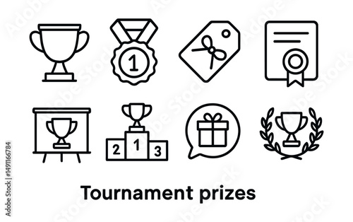 Line style icons of tournament prizes: trophy icon, gold medal badge, gift tag, winning prize file, award ceremony board, top scorer chart, prize bubble, competition award symbol.