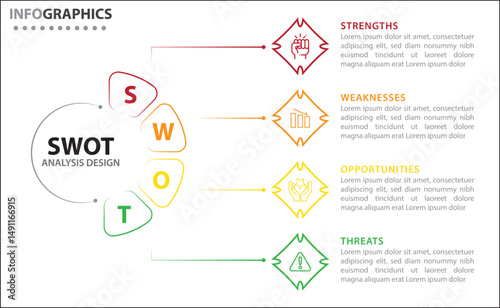 SWOT analysis infographic. Vector illustration for strategic business planning. Comparison chart. Advantages and Disadvantages of company. Infographic design template. Vector illustration. SWOT icon