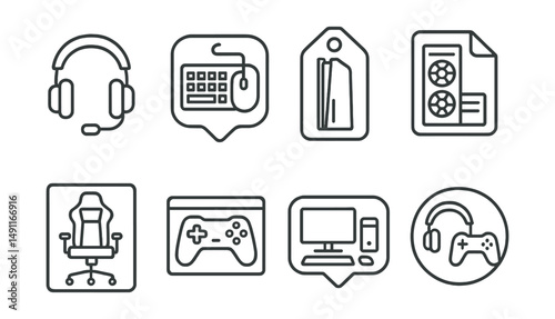 Line style icons of esports equipment: gaming headset icon, mouse and keyboard badge, console tag, gaming computer file, gaming chair board, controller chart, equipment setup bubble, esports gear