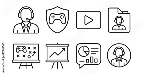 Line style icons of esports commentary: commentator icon, gaming analysis badge, play-by-play tag, esports show file, commentary board, live analysis chart, game breakdown bubble, esports commentary