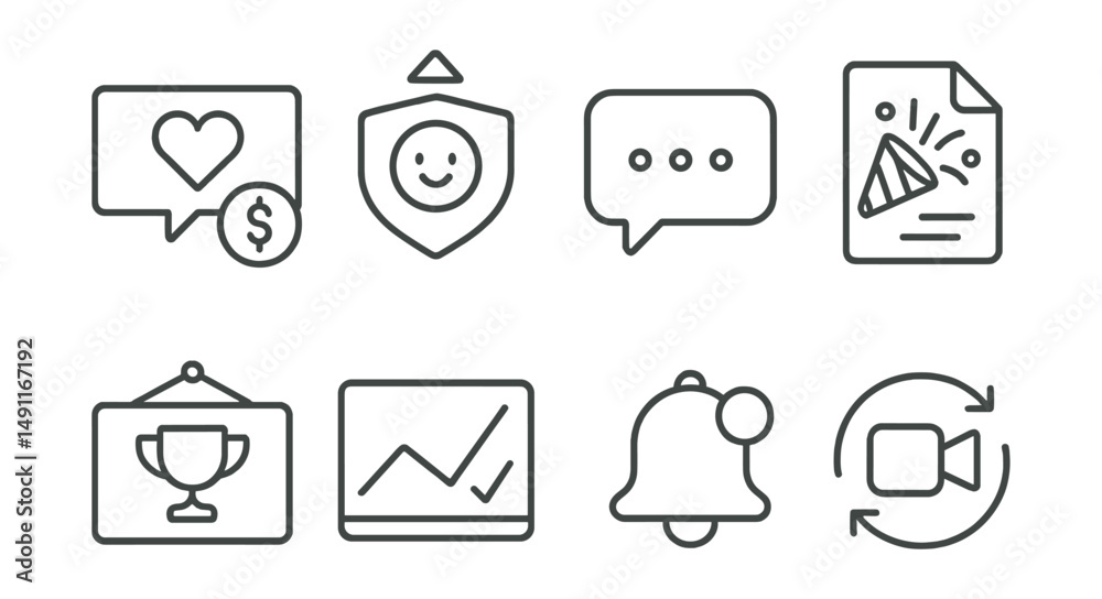 Line style icons of stream alerts: donation alert icon, follower alert badge, message pop-up tag, milestone celebration file, achievement notification board, goal reached chart, alert notification Line style icons of stream alerts: donation alert icon, follower alert badge, message pop-up tag, milestone celebration file, achievement notification board, goal reached chart, alert notification