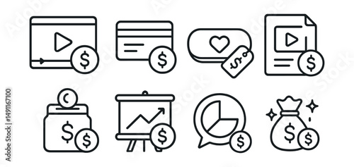 Line style icons of streaming income: ad revenue icon, subscriber payments badge, donation button tag, sponsorship file, tip jar board, stream earnings chart, income breakdown bubble, streaming funds