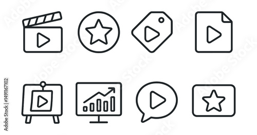 Line style icons of stream highlights: clip icon, highlight badge, best moments tag, highlight reel file, clip sharing board, stream recap chart, moment replay bubble, stream highlight symbol.