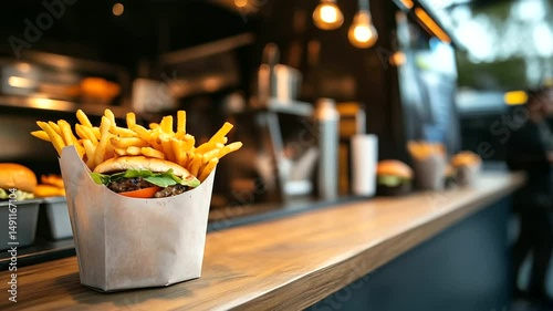 A modern food truck with a rustic wooden counter, serving steaming hot fries in paper cones and juicy burgers wrapped in parchment paper.