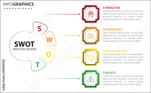 SWOT analysis infographic. Vector illustration for strategic business planning. Comparison chart. Advantages and Disadvantages of company. Infographic design template. Vector illustration. SWOT icon