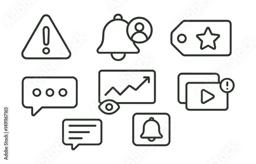 Line style icons of stream notifications: alert icon, follower notification badge, new subscriber tag, donation update file, comment pop-up board, viewer alert chart, on-screen notification bubble,