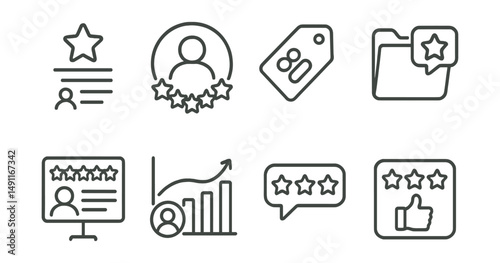 Line style icons of mod reviews: mod rating icon, user feedback badge, review score tag, content critique file, review board, user experience chart, comment bubble, review system symbol.