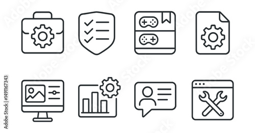 Line style icons of mod management: mod manager icon, content organizer badge, game library tag, mod selector file, content control board, mod settings chart, user preferences bubble, modding