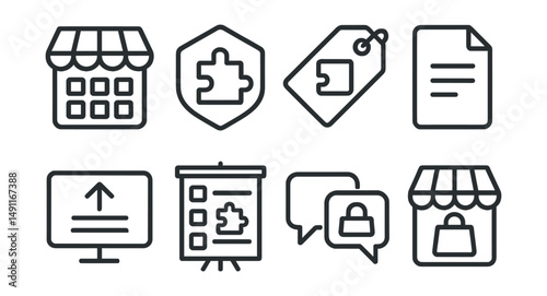 Line style icons of mod platforms: mod marketplace icon, mod repository badge, mod store tag, online platform file, content upload board, mod selection chart, platform connection bubble, digital