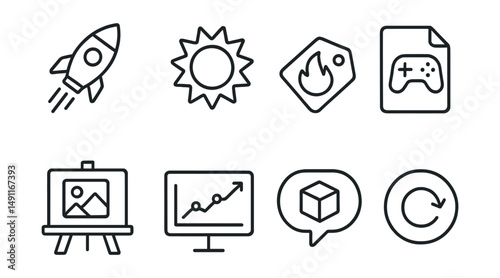 Line style icons of mod release: mod launch icon, new release badge, hotfix tag, game update file, new content board, feature release chart, mod drop bubble, update release symbol.