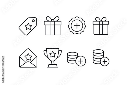 Line style icons of bonus basics: bonus tag, reward box, bonus points badge, gift icon, exclusive bonus star, surprise envelope, bonus trophy, stacked coins with plus sign.