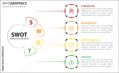 SWOT analysis infographic. Vector illustration for strategic business planning. Comparison chart. Advantages and Disadvantages of company. Infographic design template. Vector illustration. SWOT icon